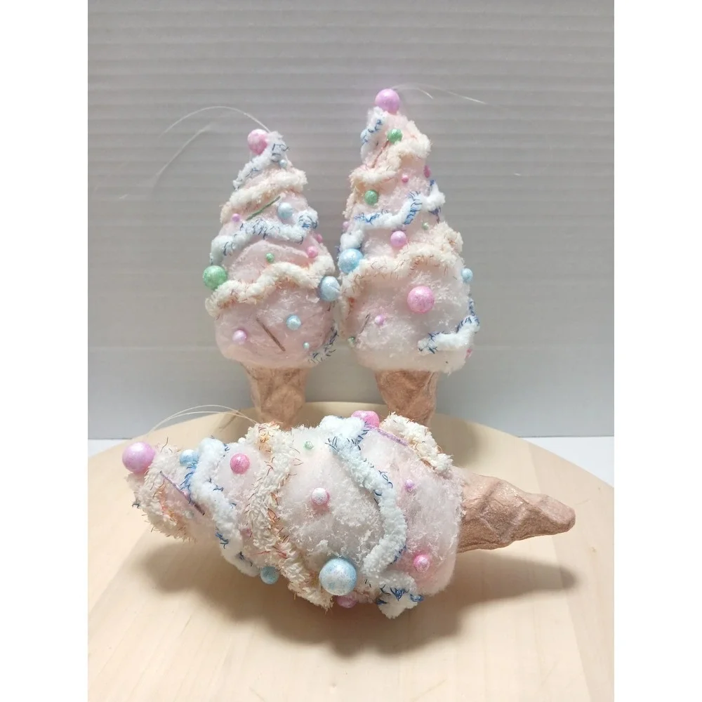 Lot of 3 Pink Ice Cream Ornaments Pastel Christmas Candy Land Tree Decorations